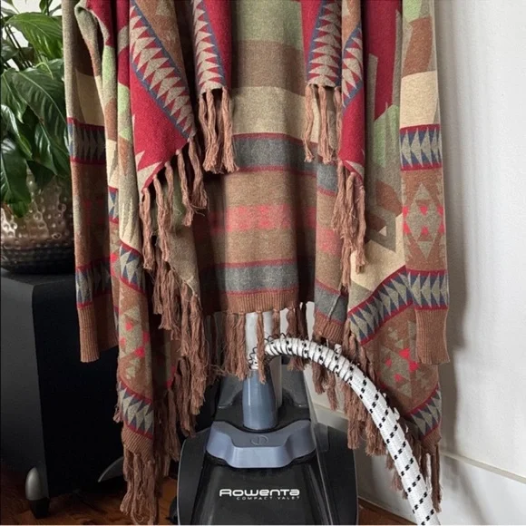 Tasha Polizzi Southwestern Drape Fringe cardigan sweater Sz M Brown Red Open - Picture 4 of 12